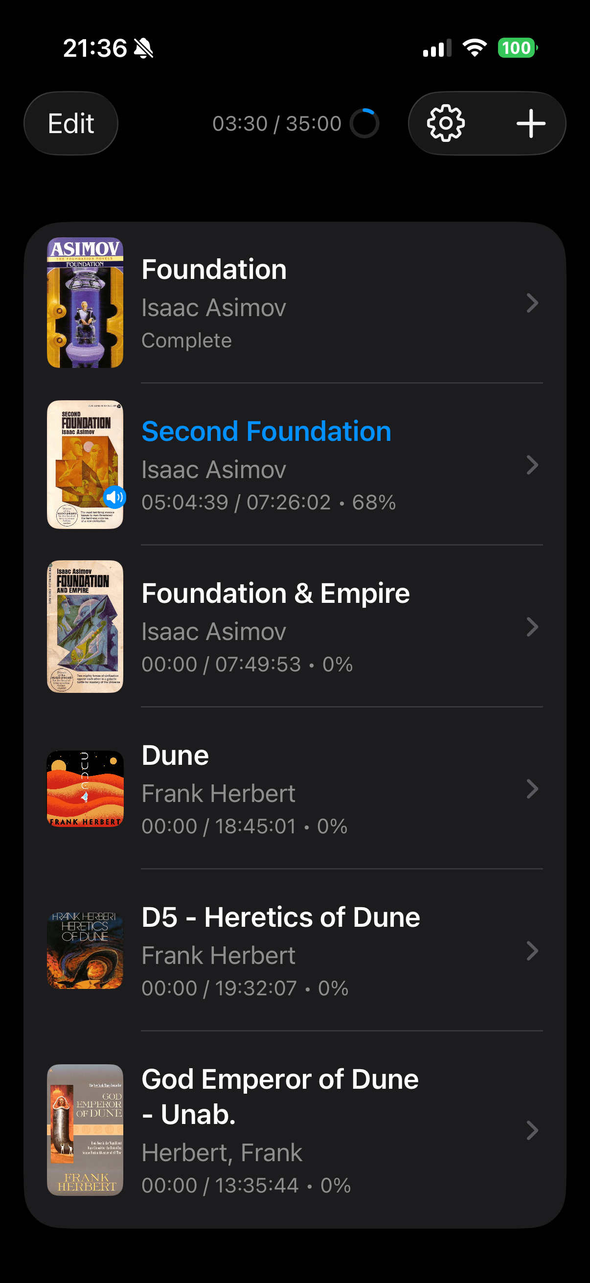 AudioFox library view showing audiobook collection with progress tracking