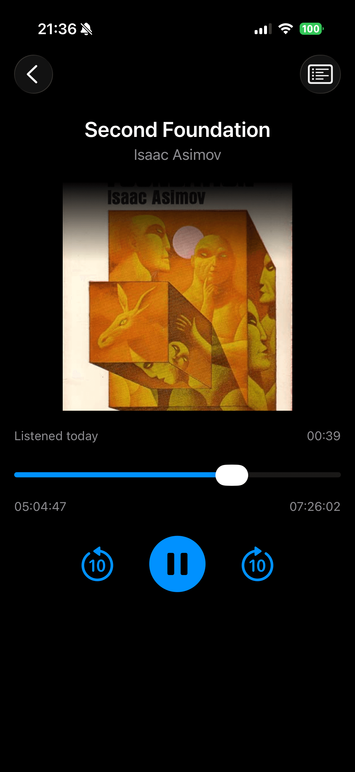Now playing screen with large artwork, playback controls, and progress slider