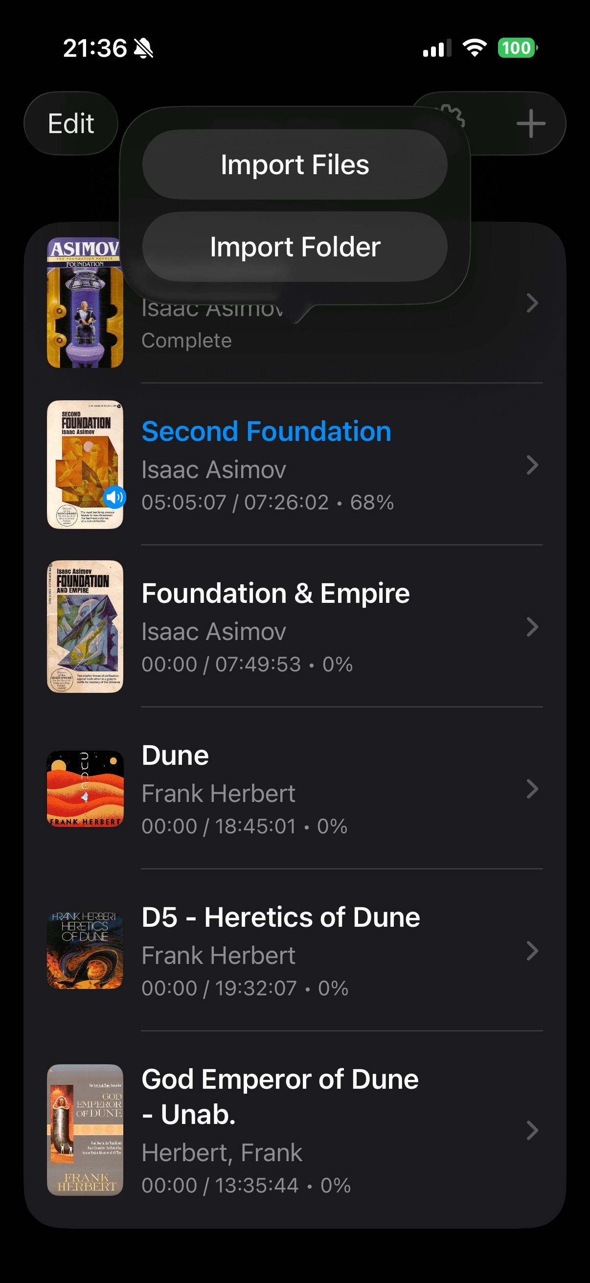 Import menu showing file and folder import options