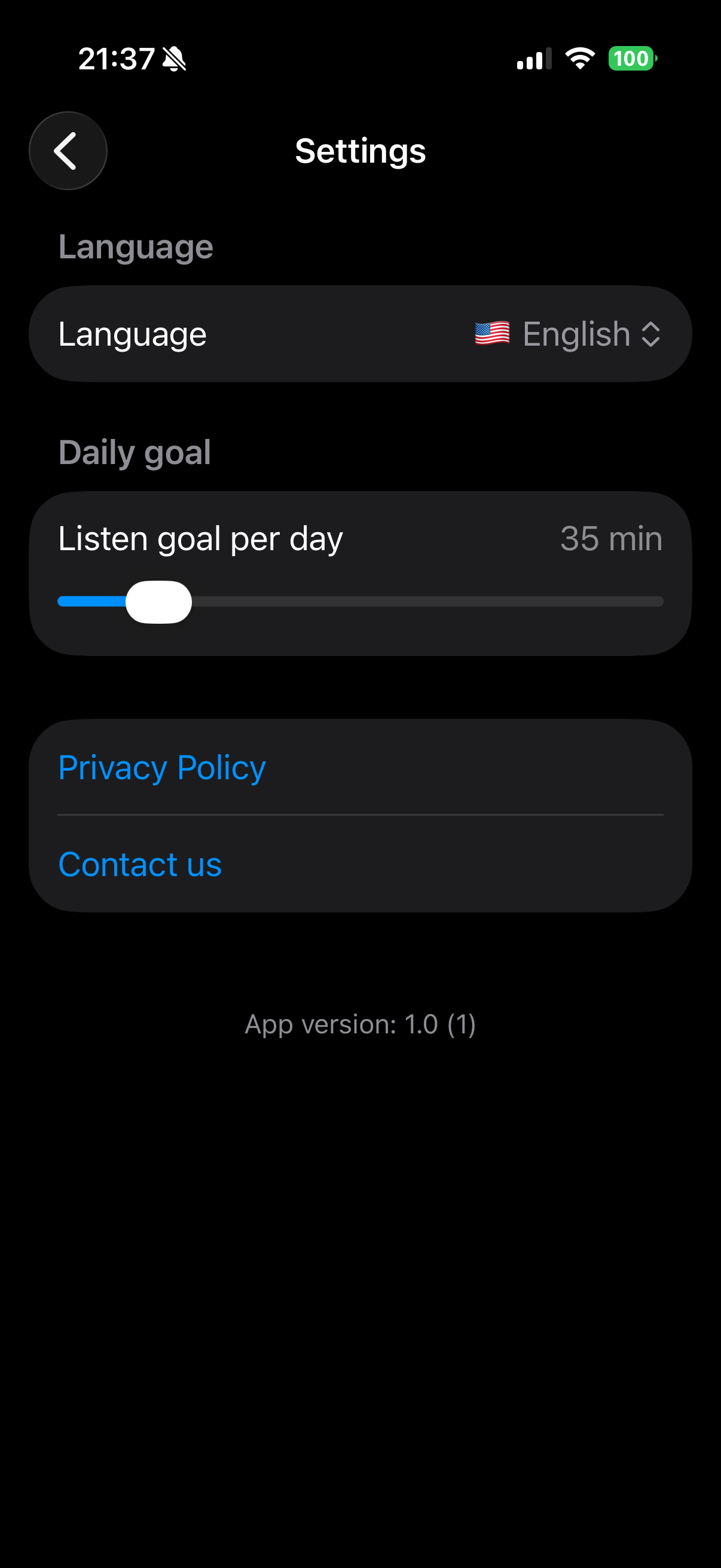 Settings screen with language selection and daily listening goal